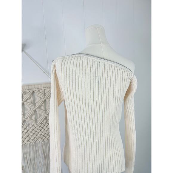 Zara Ribbed Off Shoulder Zip Sweater Size Medium White Ivory - Picture 8 of 10
